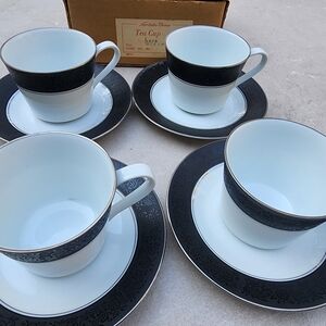 8 PC Noritake Mirano China Pattern Black Floral Platinum Coffee Saucer Cup Set